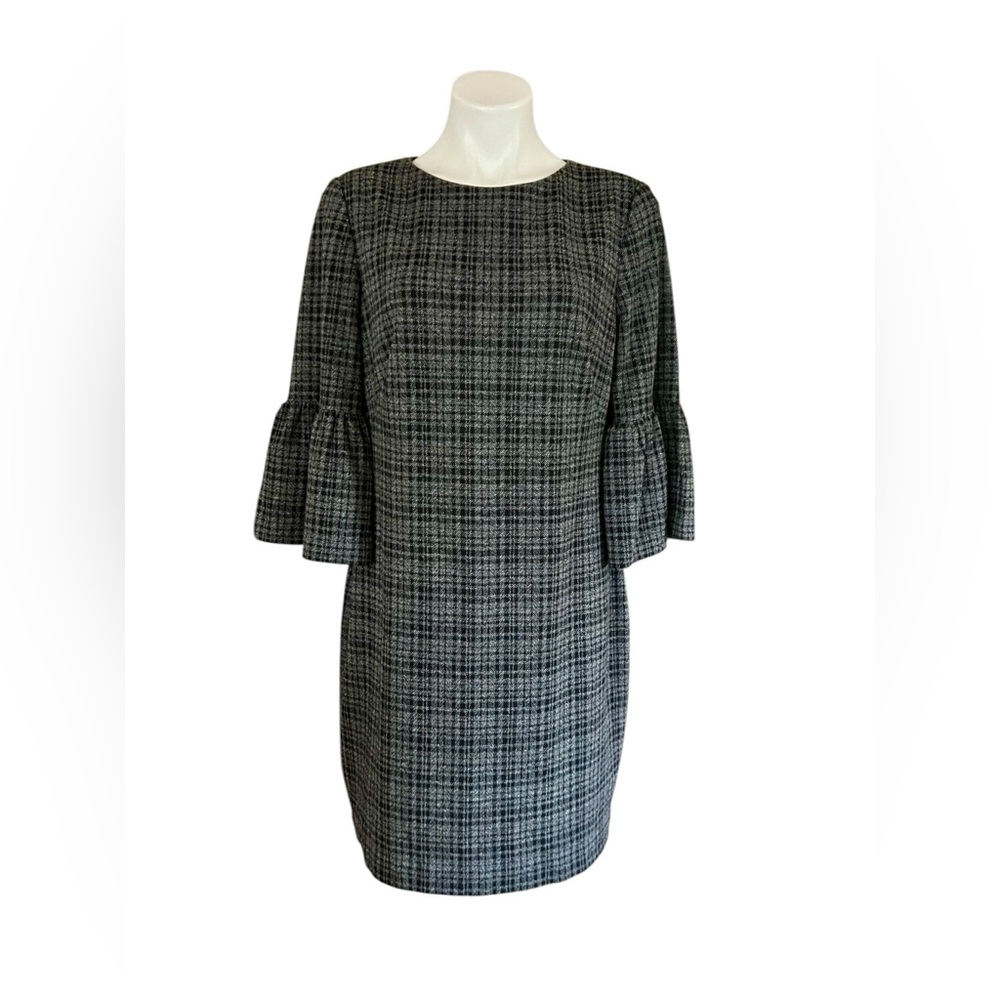 Lauren Ralph Lauren grey plaid elbow bell sleeve wool blend sheath dress size 14